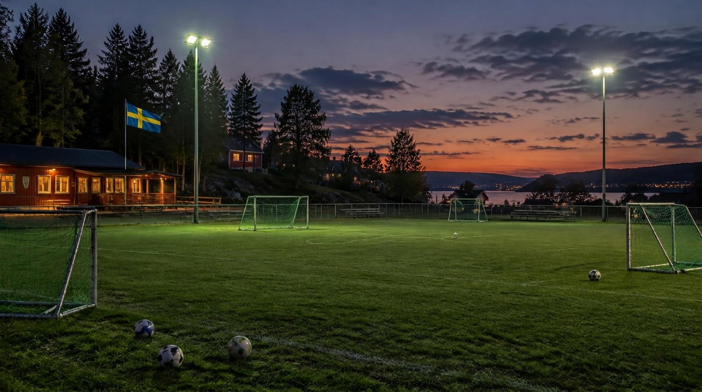 Lokal fotbollsplan i kvällsljus med tända strålkastare